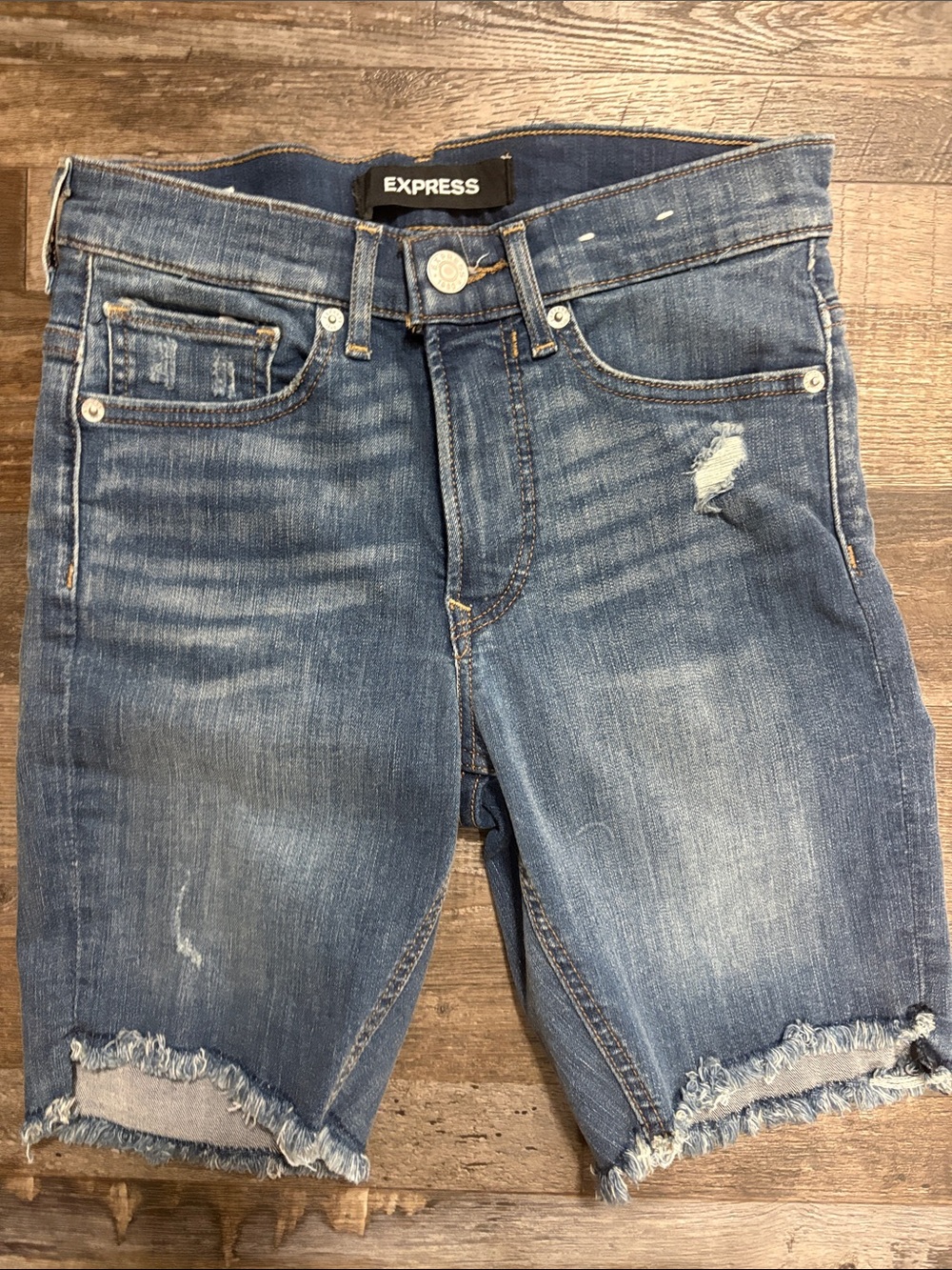 Express Women's Faded Blue Distressed Denim Bermuda Shorts